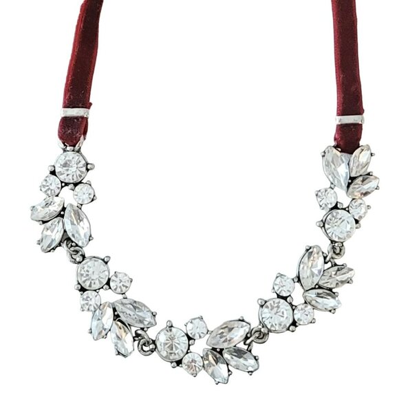 Silver Tone Clear Rhinestone Collar, Red Velvet Cord Statement Necklace 60" Long - Picture 4 of 8